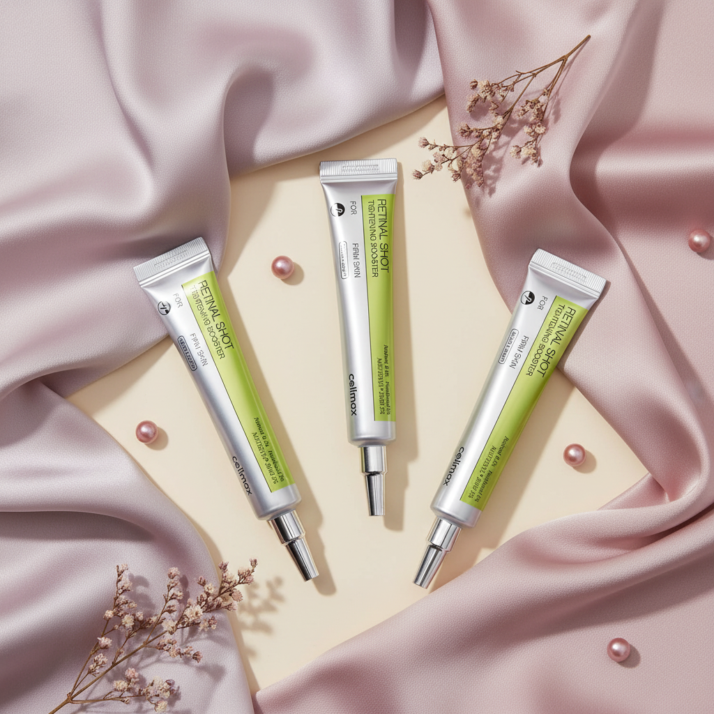 Multiple bottles of Celimax Retinal Anti-Aging Face Serum on a warm cream surface with pale mauve and dusty rose silk fabrics